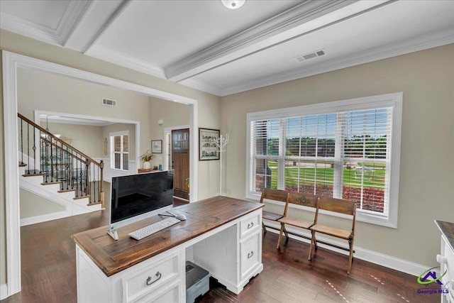 159 Feather Ln, Jackson, GA 30233 - home office featuring crown molding, beamed ceiling, dark wood-type flooring, visible vents, and baseboards