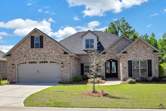 view of front of house with a front yard, brick siding, driveway, and a shingled roof