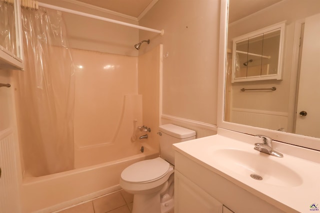 bathroom with vanity, tile patterned flooring, crown molding, toilet, and shower / bath combo with shower curtain