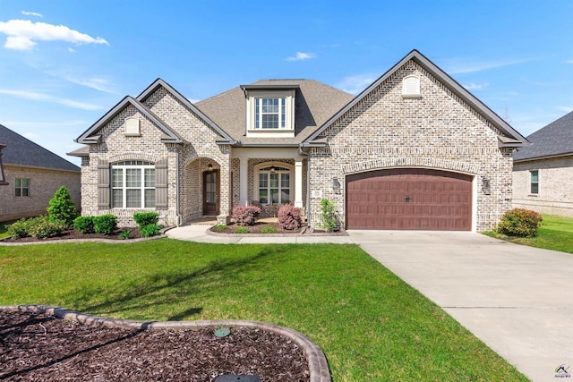 french country inspired facade with driveway, a front lawn, brick siding, a garage, and a shingled roof