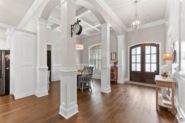 entryway with dark wood-type flooring, french doors, coffered ceiling, and crown molding