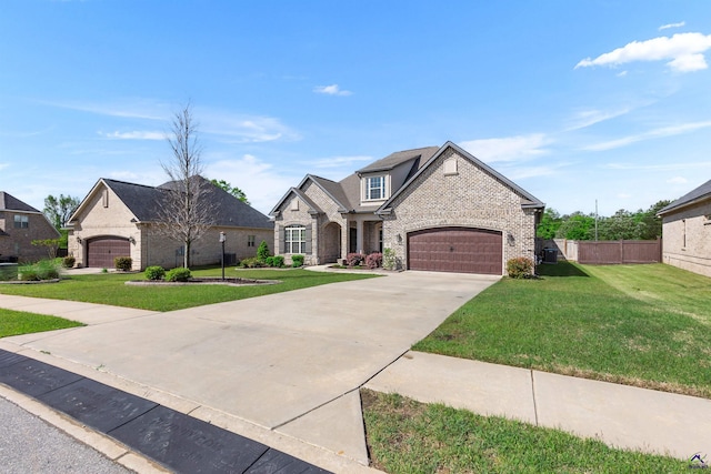 french country inspired facade featuring a front yard, fence, brick siding, an attached garage, and concrete driveway