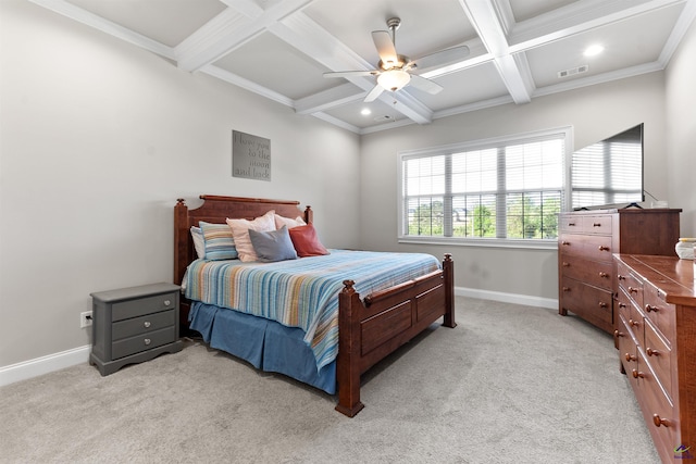 bedroom featuring visible vents, baseboards, beam ceiling, and coffered ceiling