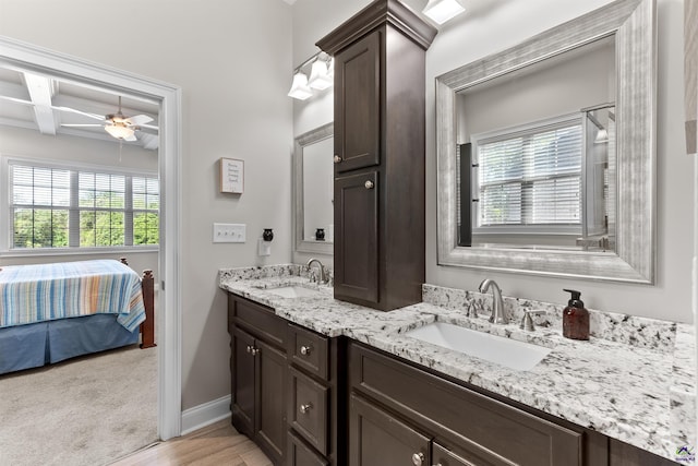full bath featuring a wealth of natural light, a sink, and coffered ceiling