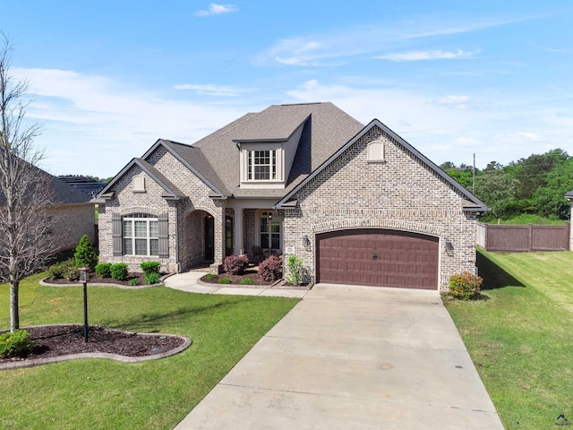 french country inspired facade with an attached garage, fence, brick siding, a front lawn, and driveway