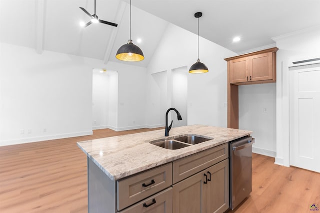 kitchen with a sink, stainless steel dishwasher, hanging light fixtures, high vaulted ceiling, and light wood finished floors