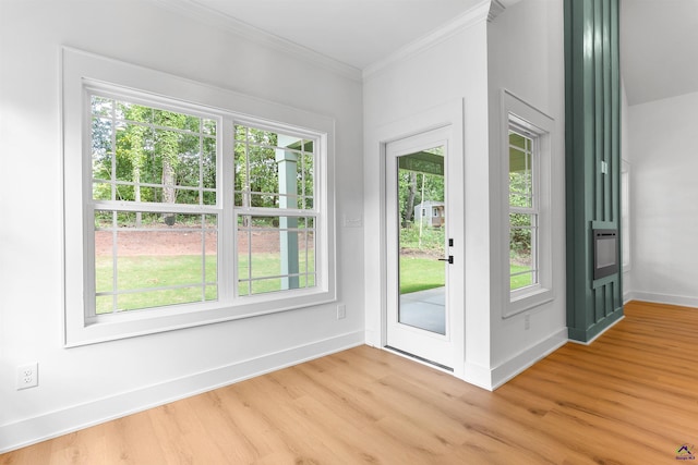 doorway to outside featuring light wood-style flooring, ornamental molding, healthy amount of natural light, and baseboards