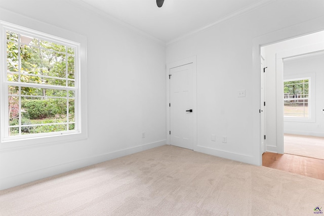 unfurnished bedroom with crown molding, light carpet, multiple windows, baseboards, and ceiling fan
