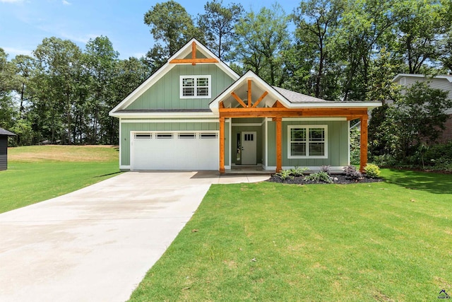 view of front of house featuring concrete driveway, a front yard, a porch, and board and batten siding
