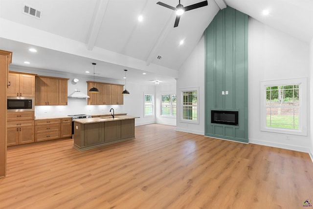kitchen with high vaulted ceiling, a sink, appliances with stainless steel finishes, open floor plan, and light wood-style flooring