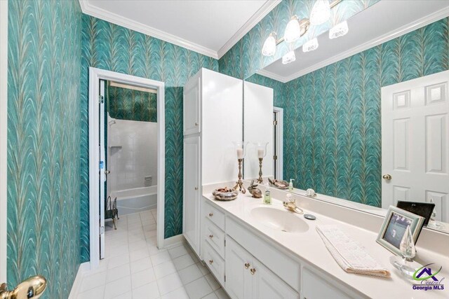 160 Barrington Hall Dr, Macon, GA 31220 - bathroom featuring crown molding, vanity, tile patterned flooring, and wallpapered walls
