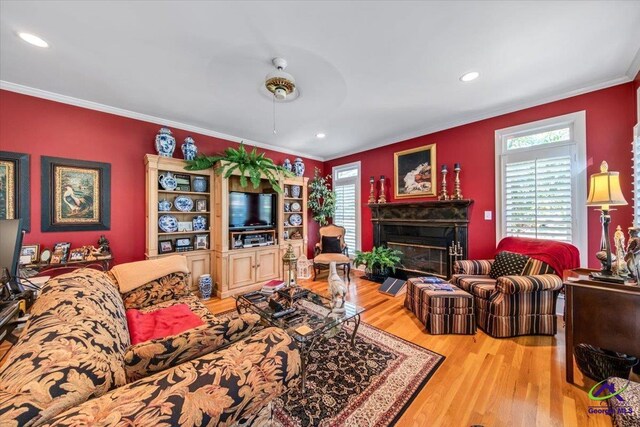 160 Barrington Hall Dr, Macon, GA 31220 - living area with crown molding, plenty of natural light, light wood-style floors, and a fireplace