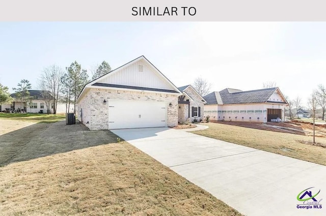 104 Reedy Ct, Perry, GA 31069 - single story home featuring an attached garage, concrete driveway, central AC unit, a front yard, and brick siding