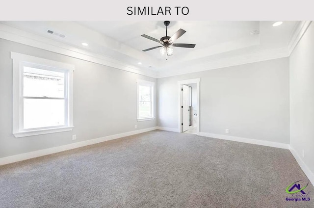 104 Reedy Ct, Perry, GA 31069 - carpeted spare room with a tray ceiling, a ceiling fan, baseboards, crown molding, and recessed lighting