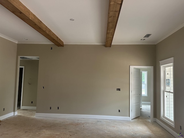 empty room featuring baseboards, beam ceiling, and crown molding
