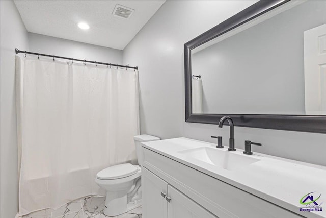 full bathroom featuring recessed lighting, marble finish floor, visible vents, toilet, and vanity