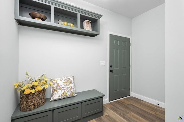 mudroom with dark wood-style flooring and baseboards