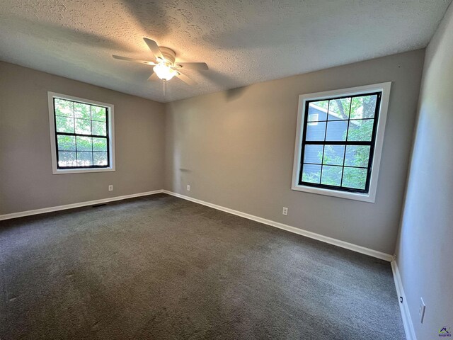 2045 Greentree Pkwy, Macon, GA 31220 - spare room featuring a textured ceiling, a healthy amount of sunlight, dark carpet, and ceiling fan