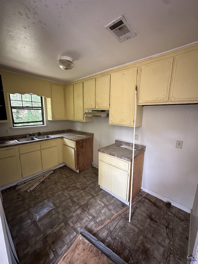 kitchen with dark floors, under cabinet range hood, visible vents, a sink, and cream cabinets
