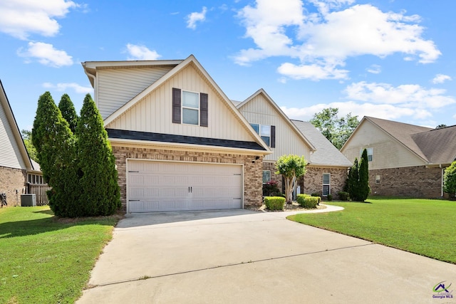 view of front facade with central AC, concrete driveway, brick siding, a garage, and a front yard