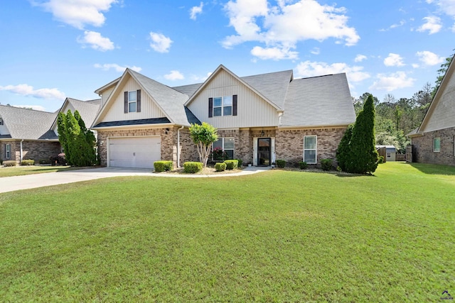 craftsman-style home featuring brick siding, an attached garage, driveway, and a front yard