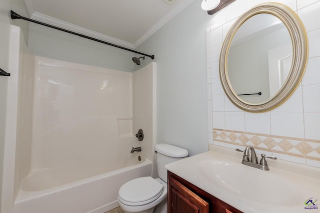 101 Bryce Dr, Warner Robins, GA 31088 - bathroom with shower / bathtub combination, toilet, ornamental molding, vanity, and backsplash