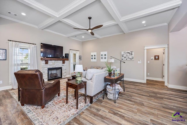 315 Apalachee Way, Bonaire, GA 31005 - living room with visible vents, ceiling fan, wood finished floors, and baseboards