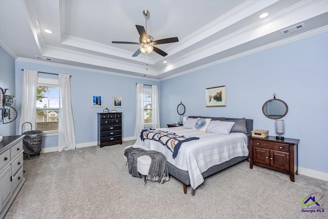 315 Apalachee Way, Bonaire, GA 31005 - bedroom featuring ornamental molding, visible vents, light colored carpet, and a tray ceiling