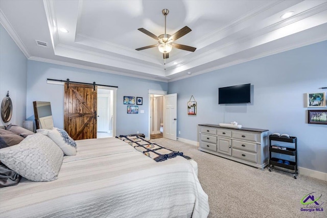 315 Apalachee Way, Bonaire, GA 31005 - bedroom featuring crown molding, a raised ceiling, visible vents, baseboards, and light carpet