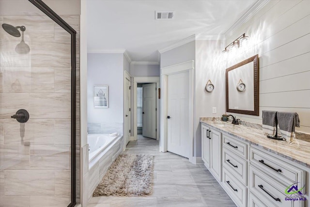 315 Apalachee Way, Bonaire, GA 31005 - bathroom featuring vanity, a bath, crown molding, a stall shower, and visible vents