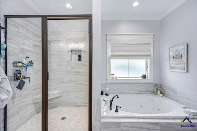 315 Apalachee Way, Bonaire, GA 31005 - bathroom with ornamental molding, a stall shower, a jetted tub, and recessed lighting
