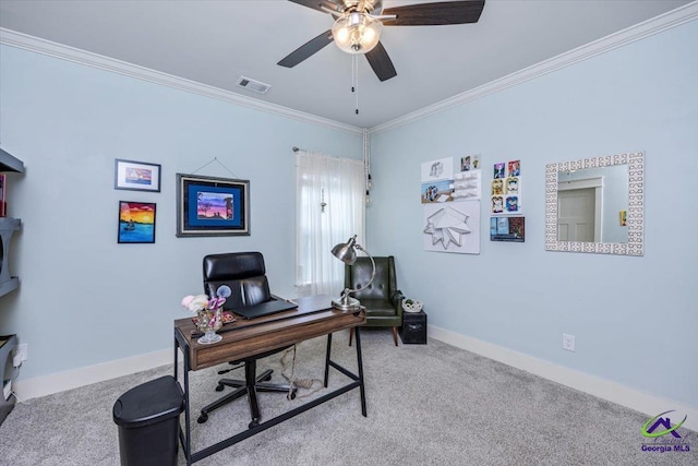 315 Apalachee Way, Bonaire, GA 31005 - home office with crown molding, ceiling fan, carpet, and visible vents