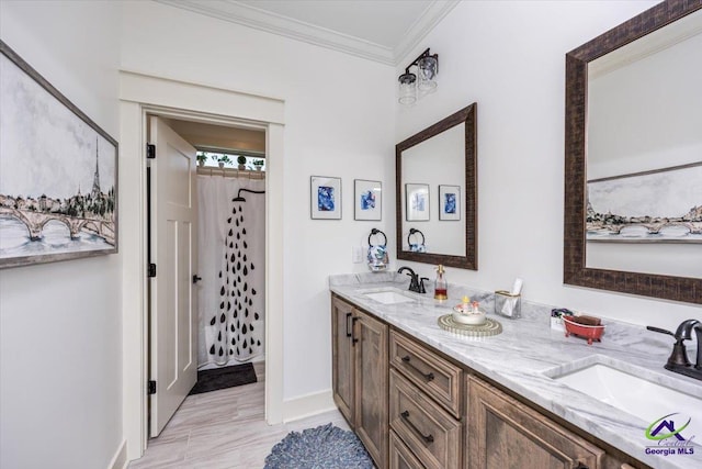 315 Apalachee Way, Bonaire, GA 31005 - bathroom with double vanity, baseboards, ornamental molding, and a sink