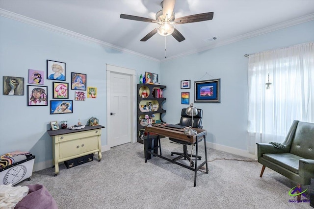 315 Apalachee Way, Bonaire, GA 31005 - office area featuring light colored carpet, visible vents, a ceiling fan, and crown molding