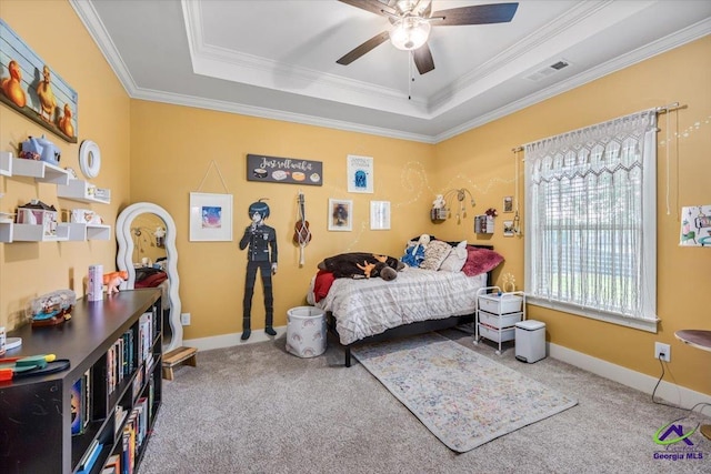 315 Apalachee Way, Bonaire, GA 31005 - carpeted bedroom with ornamental molding, visible vents, baseboards, and a tray ceiling