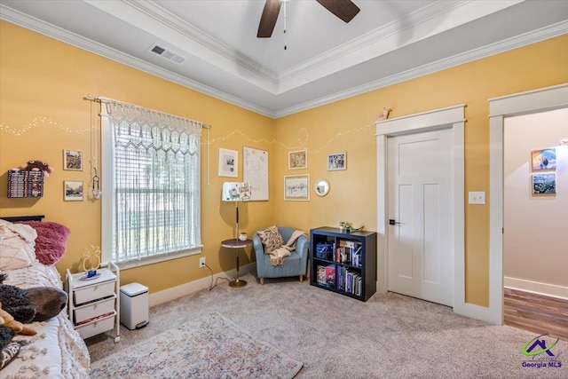 315 Apalachee Way, Bonaire, GA 31005 - living area featuring ornamental molding, ceiling fan, carpet flooring, baseboards, and visible vents