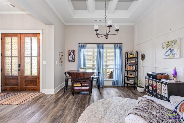 315 Apalachee Way, Bonaire, GA 31005 - interior space with ornamental molding, a notable chandelier, dark wood-style flooring, and visible vents