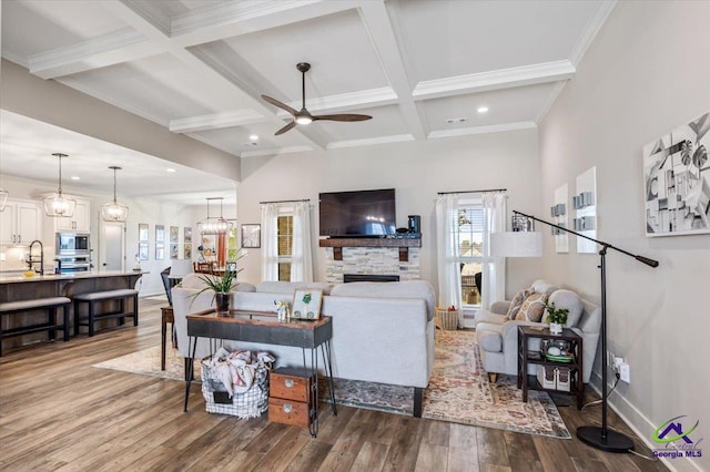 315 Apalachee Way, Bonaire, GA 31005 - living room featuring beam ceiling, wood finished floors, a ceiling fan, and recessed lighting
