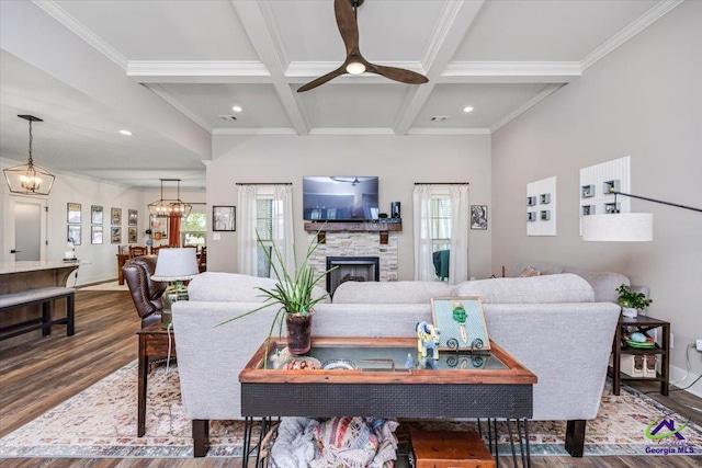 315 Apalachee Way, Bonaire, GA 31005 - living area with beam ceiling, dark wood-style flooring, recessed lighting, and a stone fireplace