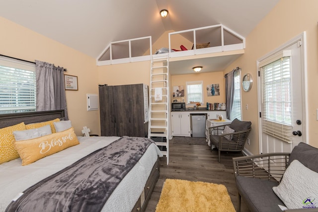 105 Taconic Ct, Bonaire, GA 31005 - bedroom featuring fridge, dark wood-style floors, multiple windows, and high vaulted ceiling