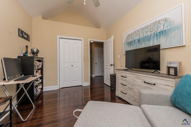 105 Taconic Ct, Bonaire, GA 31005 - living area with dark wood-style floors, baseboards, ceiling fan, and lofted ceiling