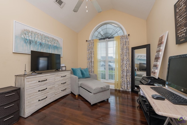 105 Taconic Ct, Bonaire, GA 31005 - living area with a ceiling fan, visible vents, dark wood-style flooring, and lofted ceiling