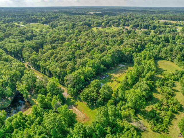drone / aerial view with a wooded view