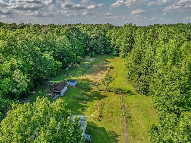 aerial view featuring a forest view and a rural view