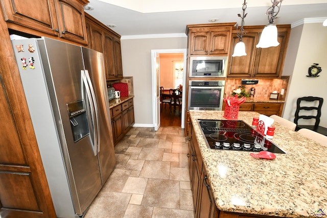 kitchen featuring crown molding, stone finish floor, stainless steel appliances, and light stone counters