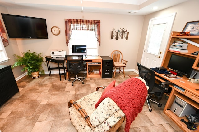 office area featuring recessed lighting, baseboards, and visible vents