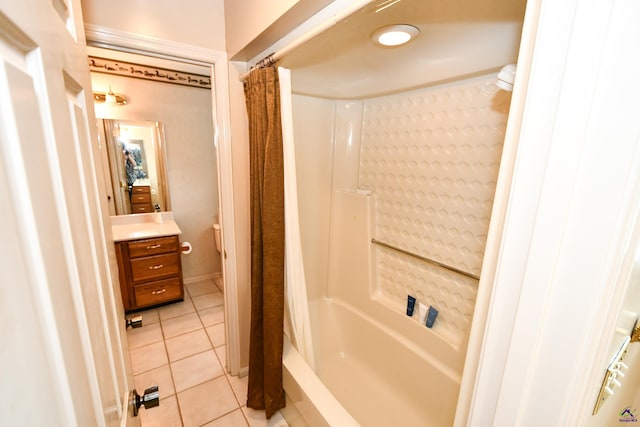 bathroom with toilet, tile patterned floors, a shower with shower curtain, and vanity
