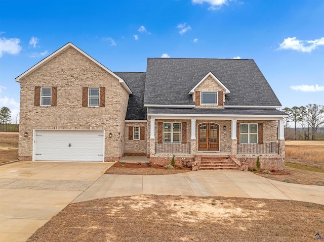 view of front of property with an attached garage, brick siding, a porch, french doors, and driveway