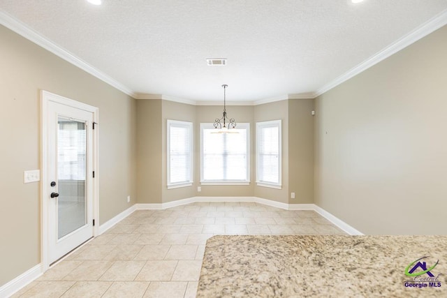 unfurnished dining area featuring a healthy amount of sunlight, a notable chandelier, light tile patterned flooring, and visible vents
