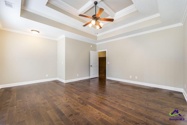 empty room with ceiling fan, visible vents, baseboards, ornamental molding, and coffered ceiling